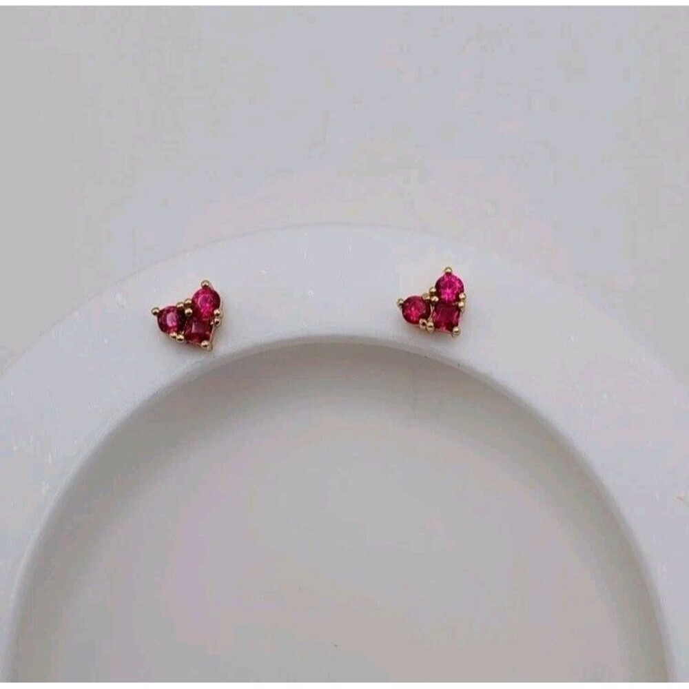 Mini Pink/Red Heart Three-Stone Stud Earrings Gold Tone Minimalist Valentine's